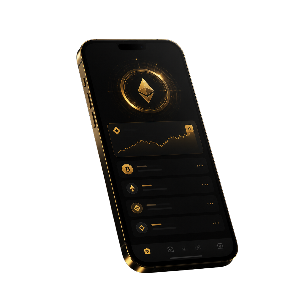 Render of a sleek LOVE Phone smartphone with a dark gold interface, floating in a premium hardware presentation